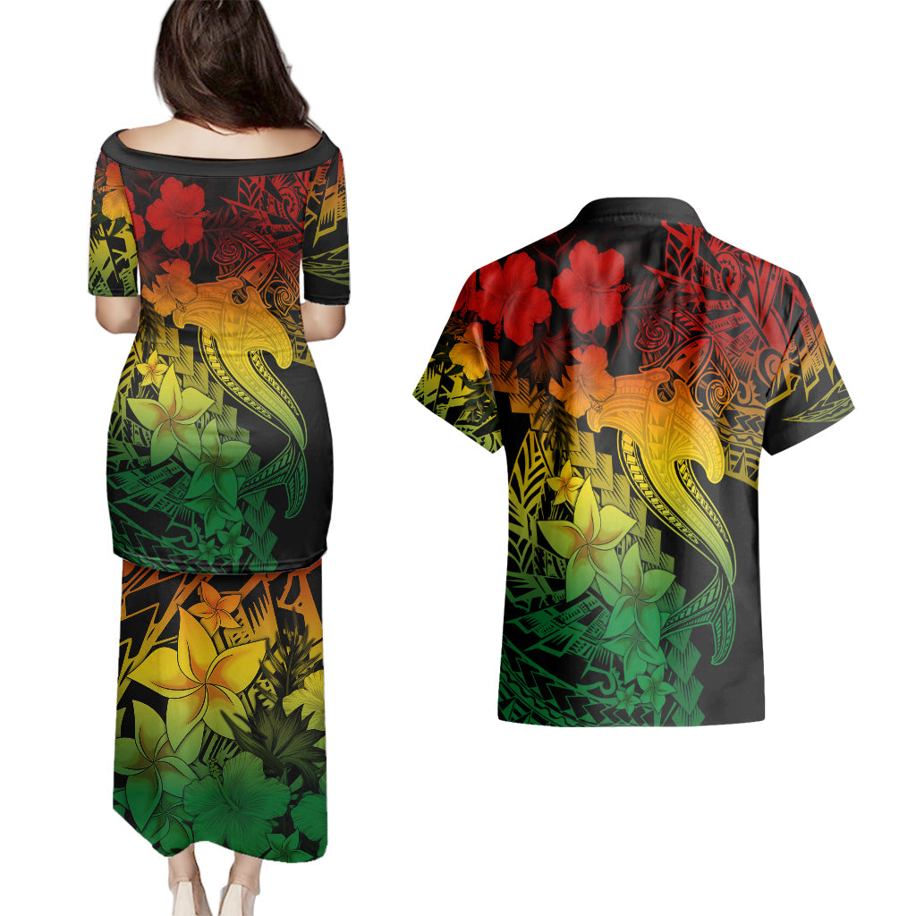 Aloha Hawaii Couples Matching Puletasi Dress and Hawaiian Shirt Hammerhead Shark Tattoo Polynesian Summer - Reggae LT9 - Polynesian Pride