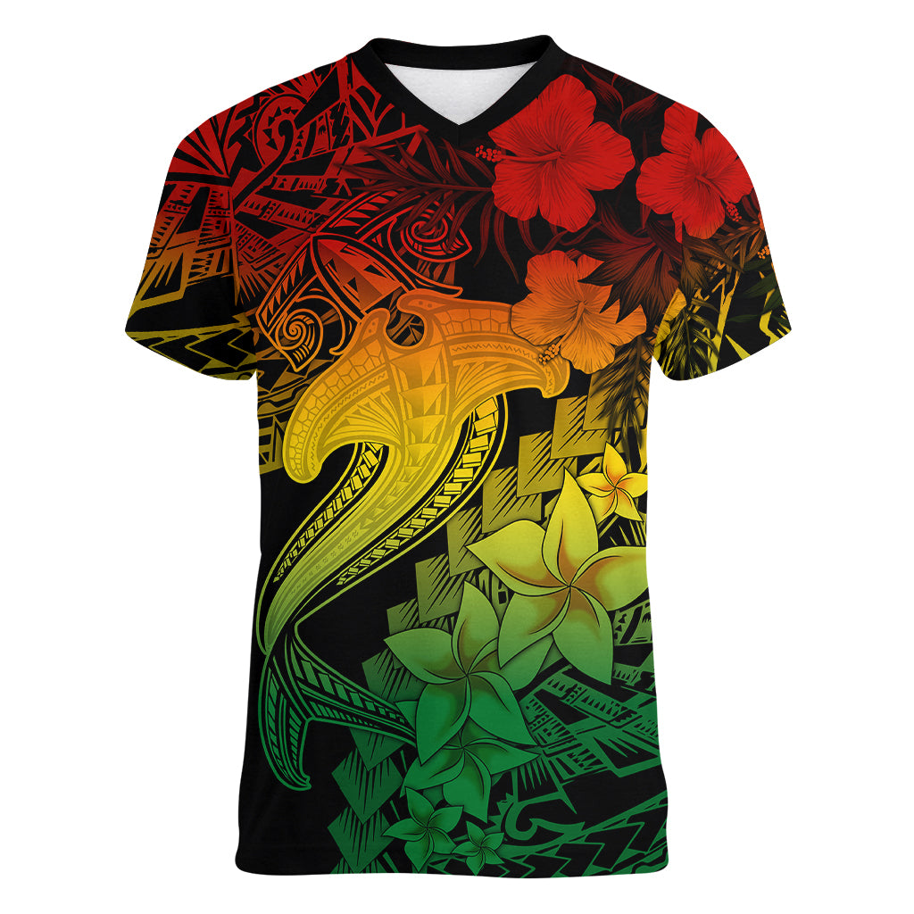 Aloha Hawaii Women V Neck T Shirt Hammerhead Shark Tattoo Polynesian Summer - Reggae LT9 Female Reggae - Polynesian Pride