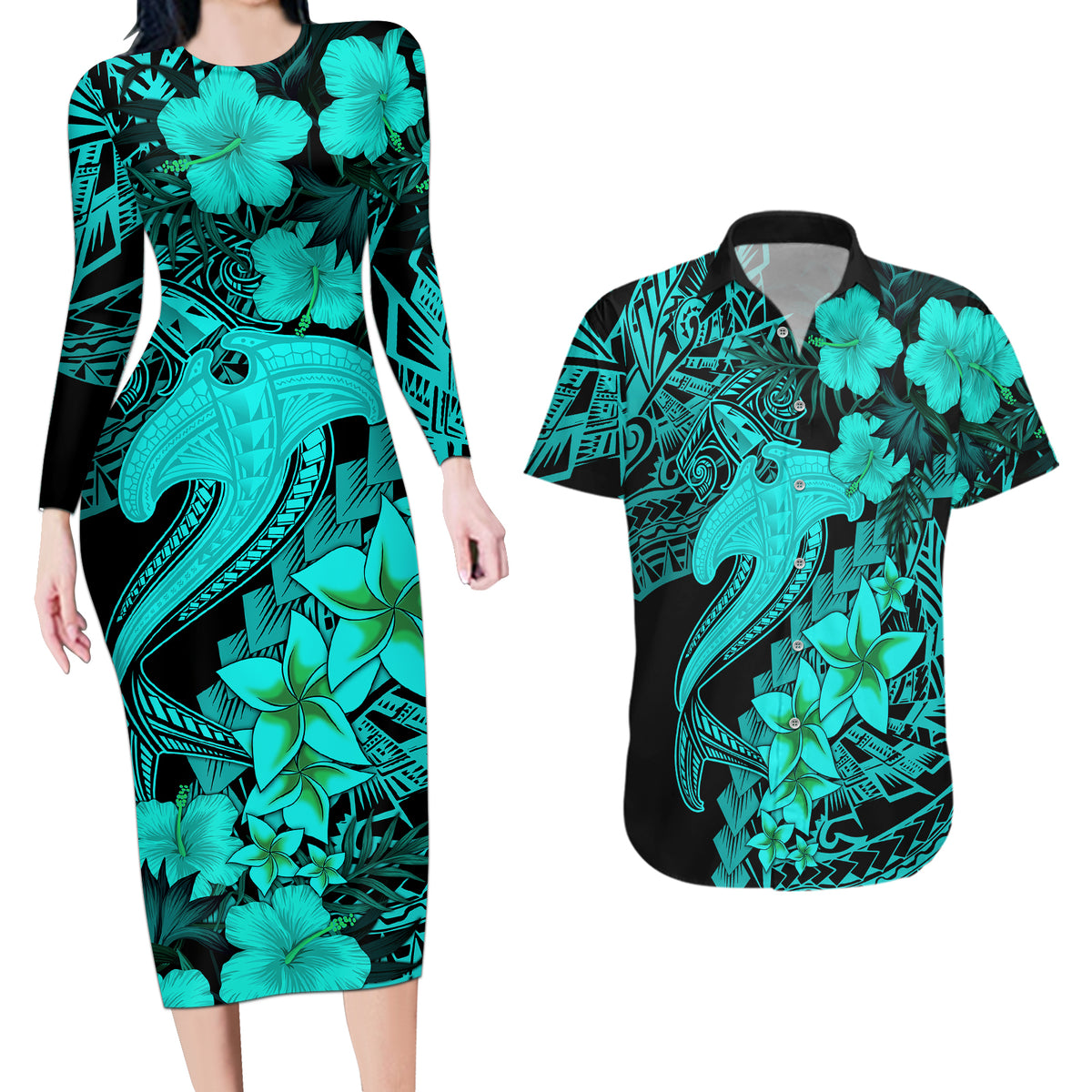 Aloha Hawaii Couples Matching Long Sleeve Bodycon Dress and Hawaiian Shirt Hammerhead Shark Tattoo Polynesian Summer - Turquoise LT9 Turquoise - Polynesian Pride