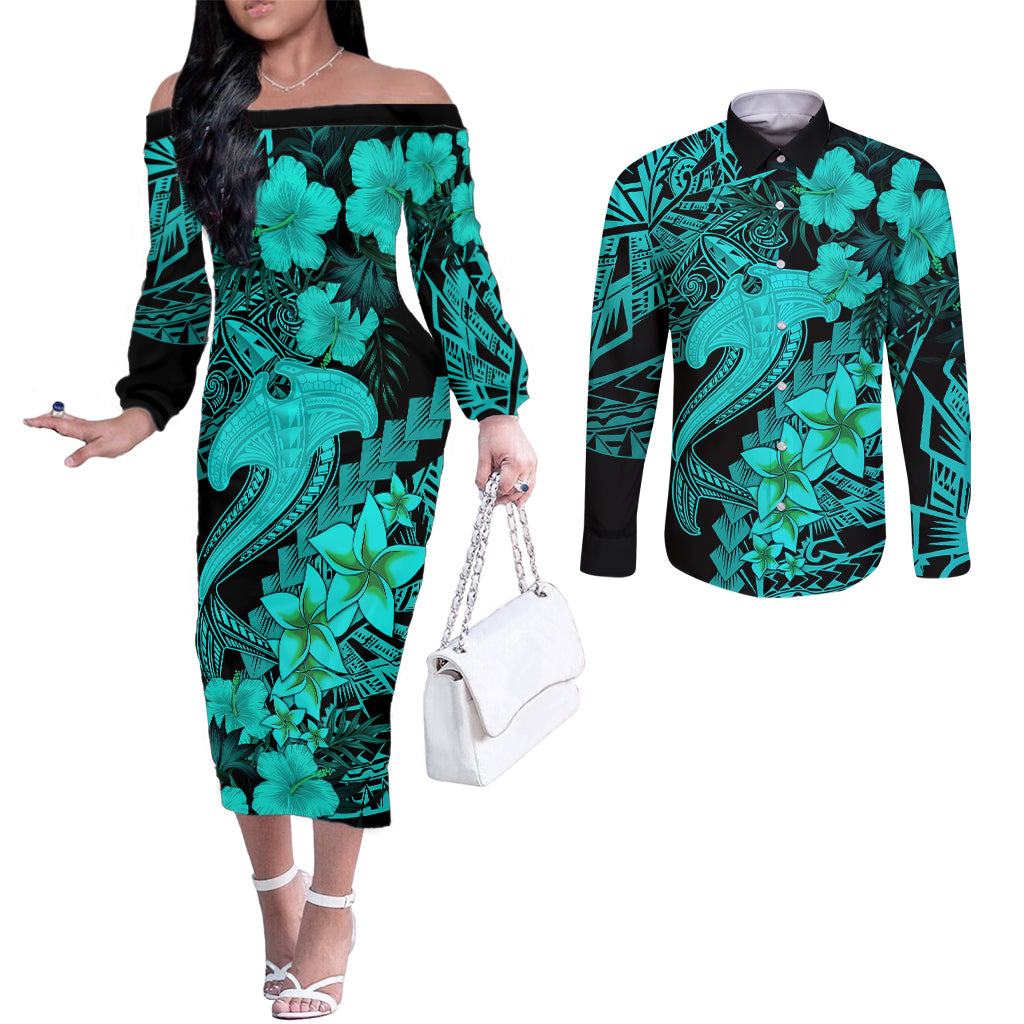 Aloha Hawaii Couples Matching Off The Shoulder Long Sleeve Dress and Long Sleeve Button Shirts Hammerhead Shark Tattoo Polynesian Summer - Turquoise LT9 Turquoise - Polynesian Pride
