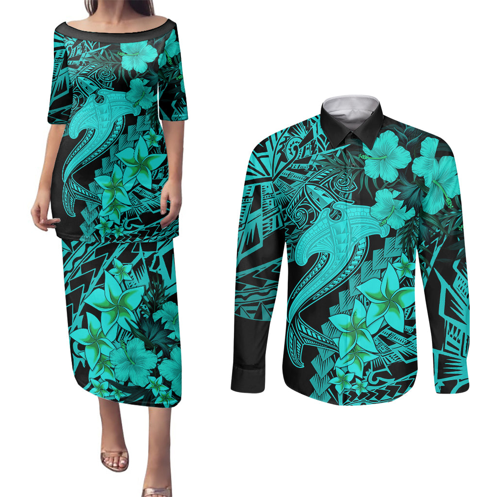 Aloha Hawaii Couples Matching Puletasi Dress and Long Sleeve Button Shirts Hammerhead Shark Tattoo Polynesian Summer - Turquoise LT9 Turquoise - Polynesian Pride