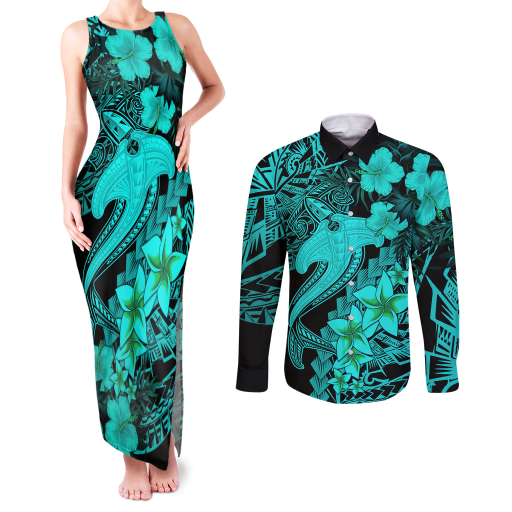 Aloha Hawaii Couples Matching Tank Maxi Dress and Long Sleeve Button Shirts Hammerhead Shark Tattoo Polynesian Summer - Turquoise LT9 Turquoise - Polynesian Pride