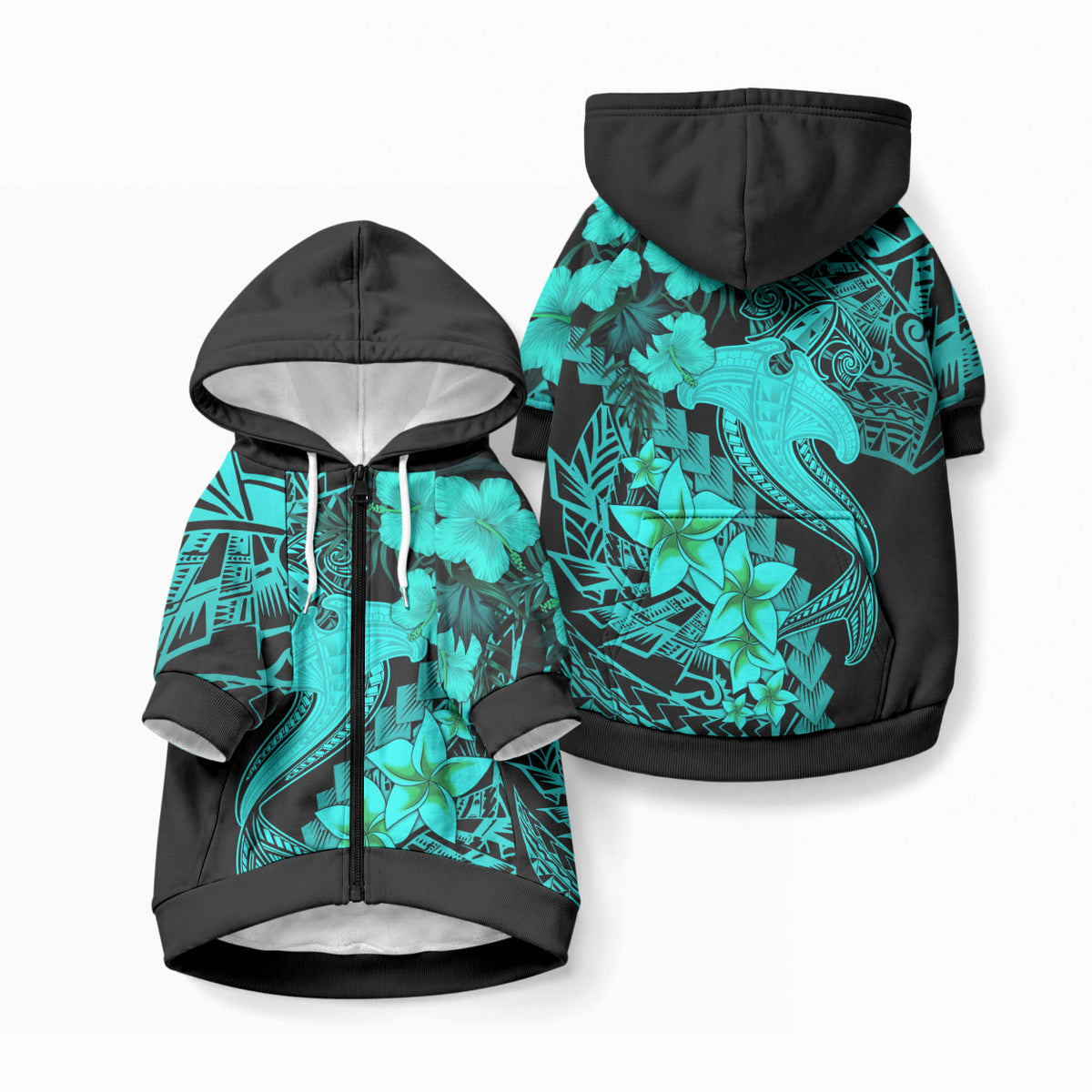 Aloha Hawaii Pet Hoodie Hammerhead Shark Tattoo Polynesian Summer - Turquoise LT9 Zip-up Turquoise - Polynesian Pride