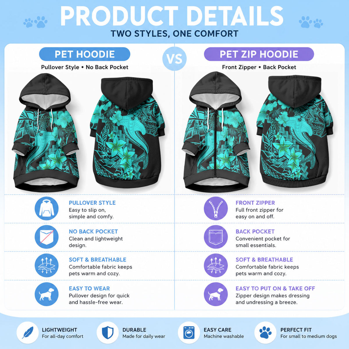 Aloha Hawaii Pet Hoodie Hammerhead Shark Tattoo Polynesian Summer - Turquoise LT9 - Polynesian Pride