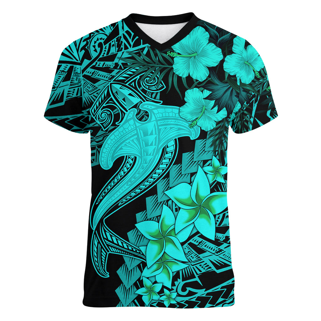 Aloha Hawaii Women V Neck T Shirt Hammerhead Shark Tattoo Polynesian Summer - Turquoise LT9 Female Turquoise - Polynesian Pride