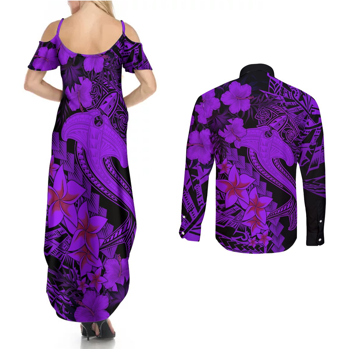 Aloha Hawaii Couples Matching Summer Maxi Dress and Long Sleeve Button Shirts Hammerhead Shark Tattoo Polynesian Summer - Violet LT9 - Polynesian Pride