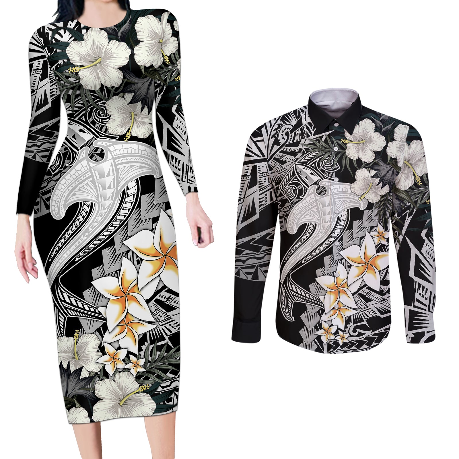 Aloha Hawaii Couples Matching Long Sleeve Bodycon Dress and Long Sleeve Button Shirts Hammerhead Shark Tattoo Polynesian Summer - White LT9 White - Polynesian Pride