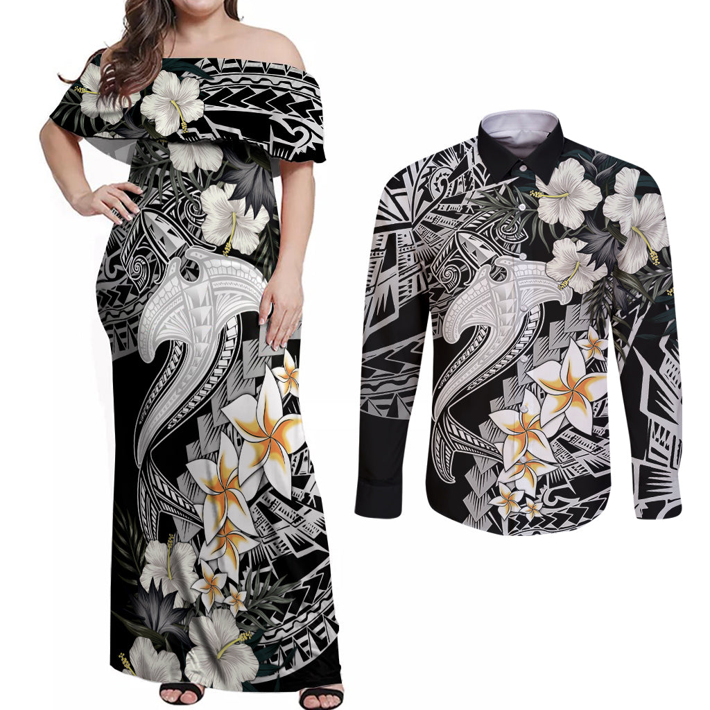 Aloha Hawaii Couples Matching Off Shoulder Maxi Dress and Long Sleeve Button Shirts Hammerhead Shark Tattoo Polynesian Summer - White LT9 White - Polynesian Pride