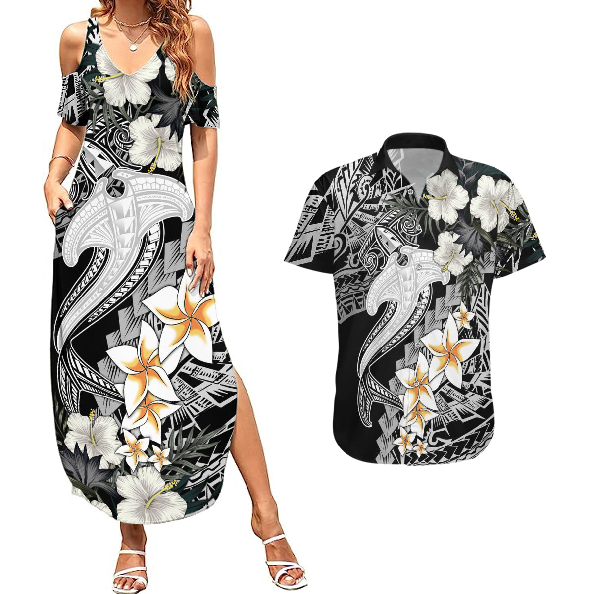 Aloha Hawaii Couples Matching Summer Maxi Dress and Hawaiian Shirt Hammerhead Shark Tattoo Polynesian Summer - White LT9 White - Polynesian Pride