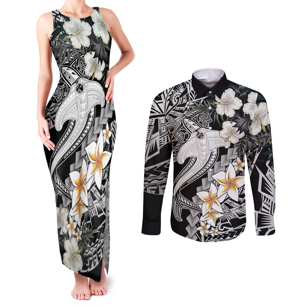 Aloha Hawaii Couples Matching Tank Maxi Dress and Long Sleeve Button Shirts Hammerhead Shark Tattoo Polynesian Summer - White LT9 White - Polynesian Pride