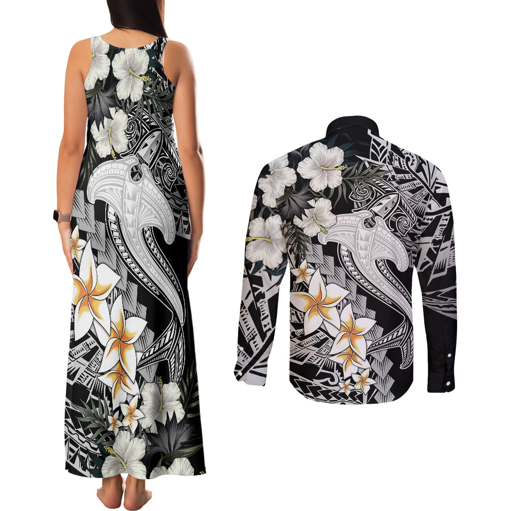 Aloha Hawaii Couples Matching Tank Maxi Dress and Long Sleeve Button Shirts Hammerhead Shark Tattoo Polynesian Summer - White LT9 - Polynesian Pride