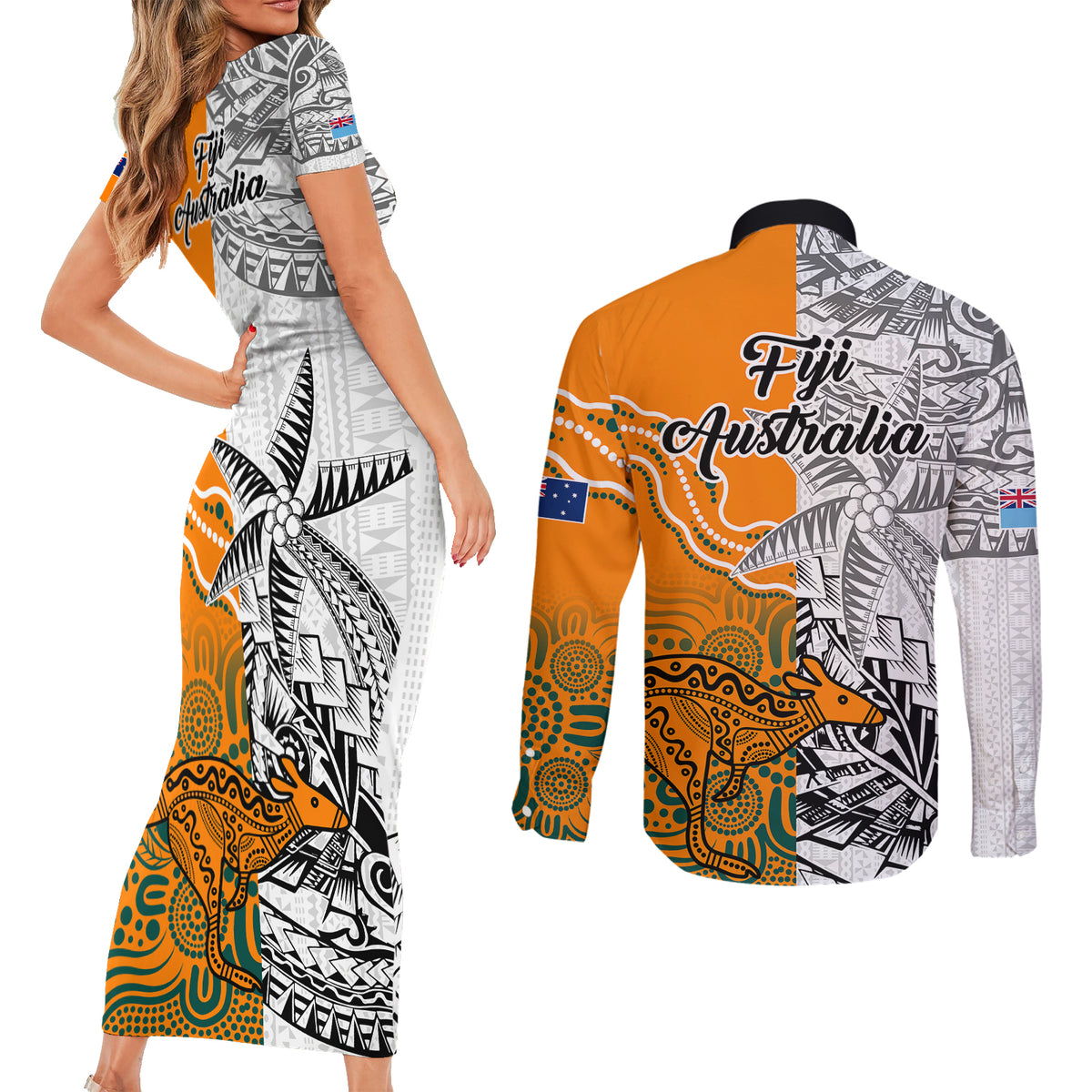 Fiji Australia Rugby Couples Matching Short Sleeve Bodycon Dress and Long Sleeve Button Shirts World Cup 2023 Polynesia Tapa Mixed Indigenous Aboriginal LT9 - Polynesian Pride