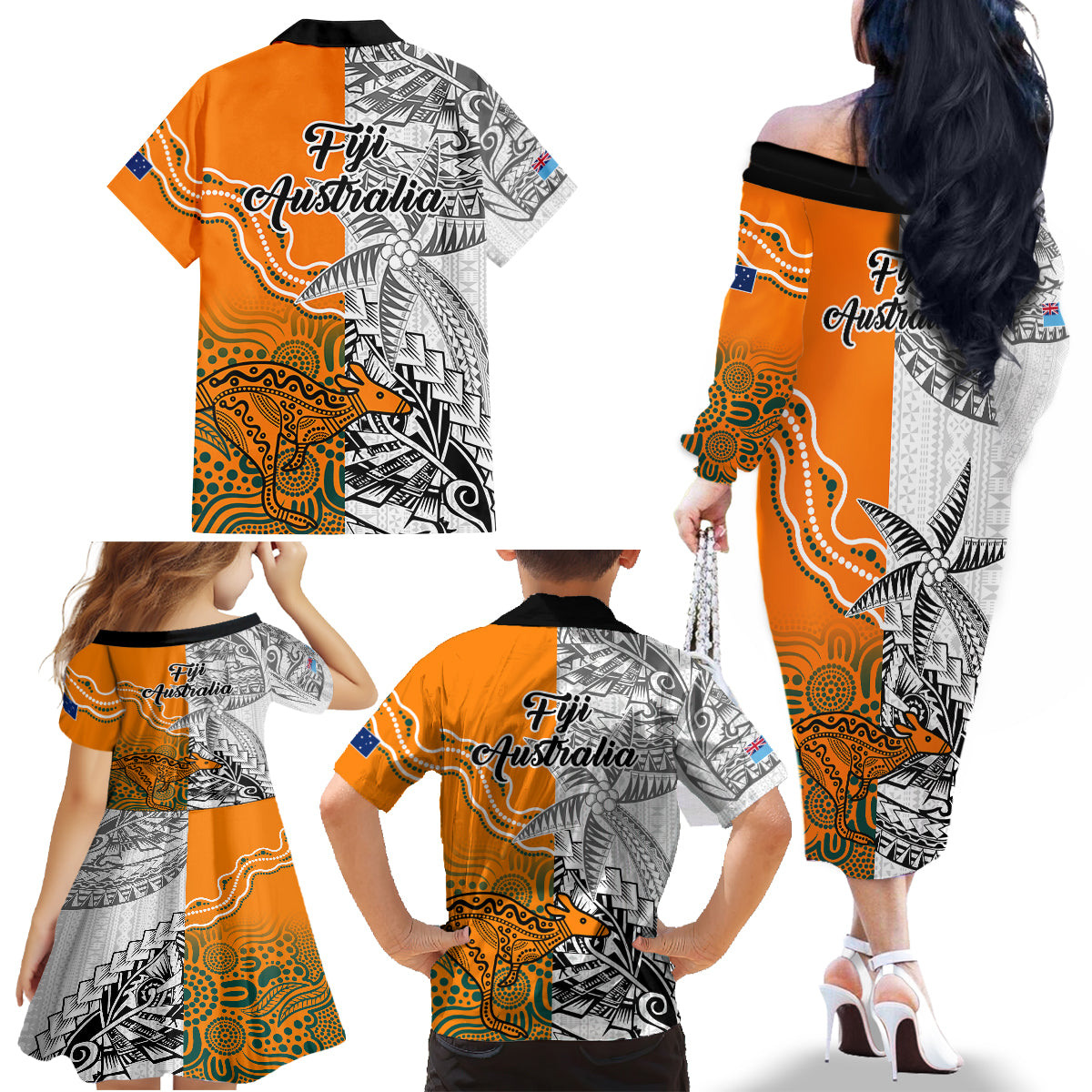 Fiji Australia Rugby Family Matching Off Shoulder Long Sleeve Dress and Hawaiian Shirt World Cup 2023 Polynesia Tapa Mixed Indigenous Aboriginal LT9 - Polynesian Pride