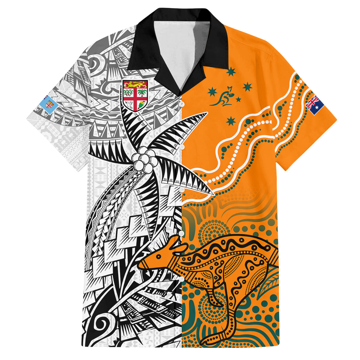 Fiji Australia Rugby Family Matching Off Shoulder Long Sleeve Dress and Hawaiian Shirt World Cup 2023 Polynesia Tapa Mixed Indigenous Aboriginal LT9 Dad's Shirt - Short Sleeve Gold - Polynesian Pride