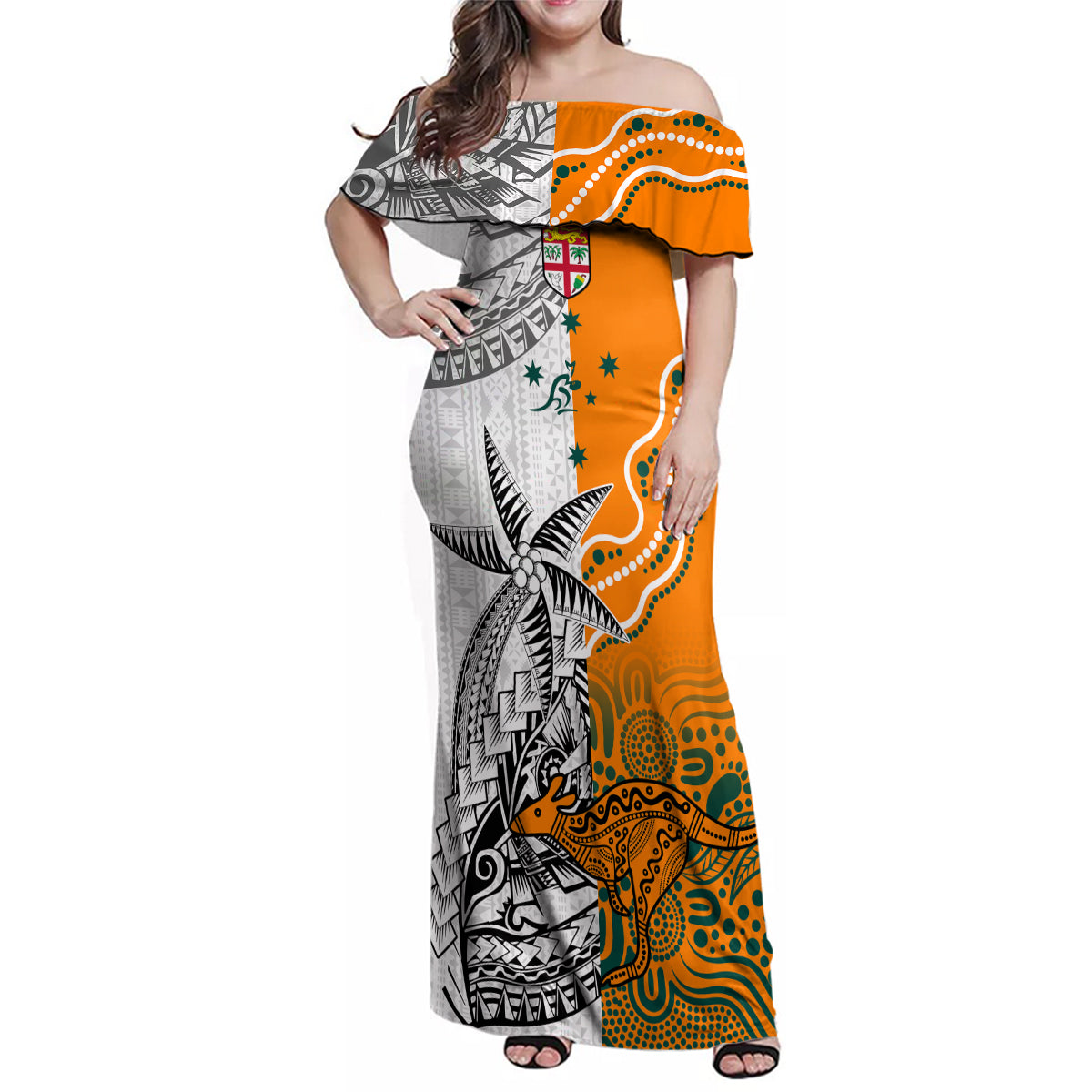 fiji-australia-rugby-family-matching-off-shoulder-maxi-dress-and-hawaiian-shirt-world-cup-2023-polynesia-tapa-mixed-indigenous-aboriginal
