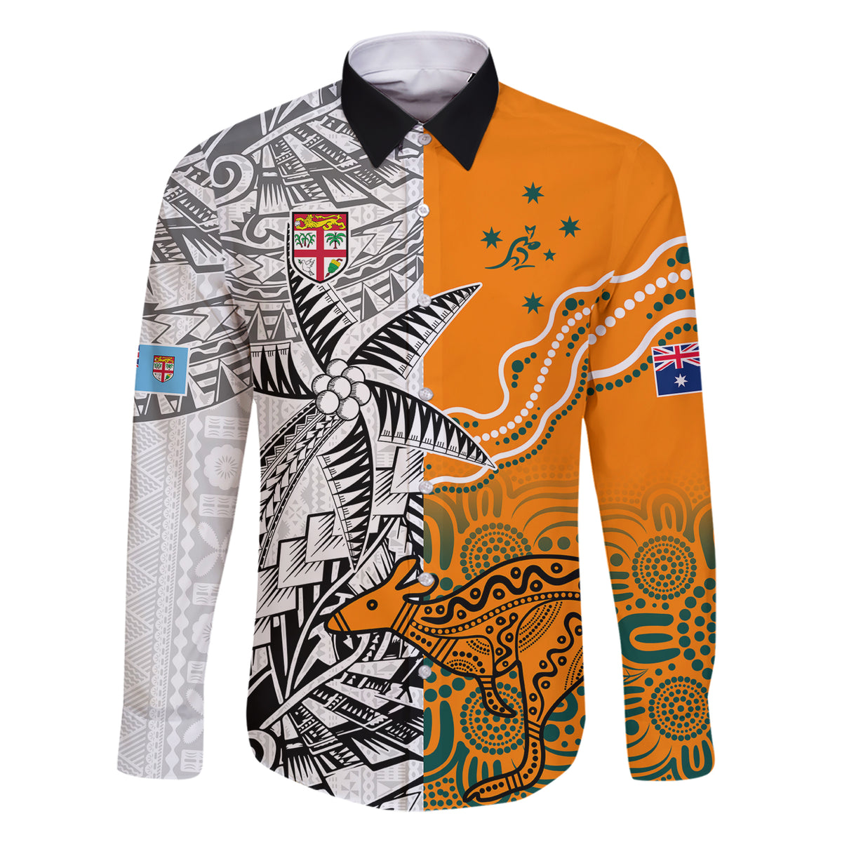 Fiji Australia Rugby Family Matching Short Sleeve Bodycon Dress and Hawaiian Shirt World Cup 2023 Polynesia Tapa Mixed Indigenous Aboriginal LT9 Dad's Shirt - Long Sleeve Gold - Polynesian Pride