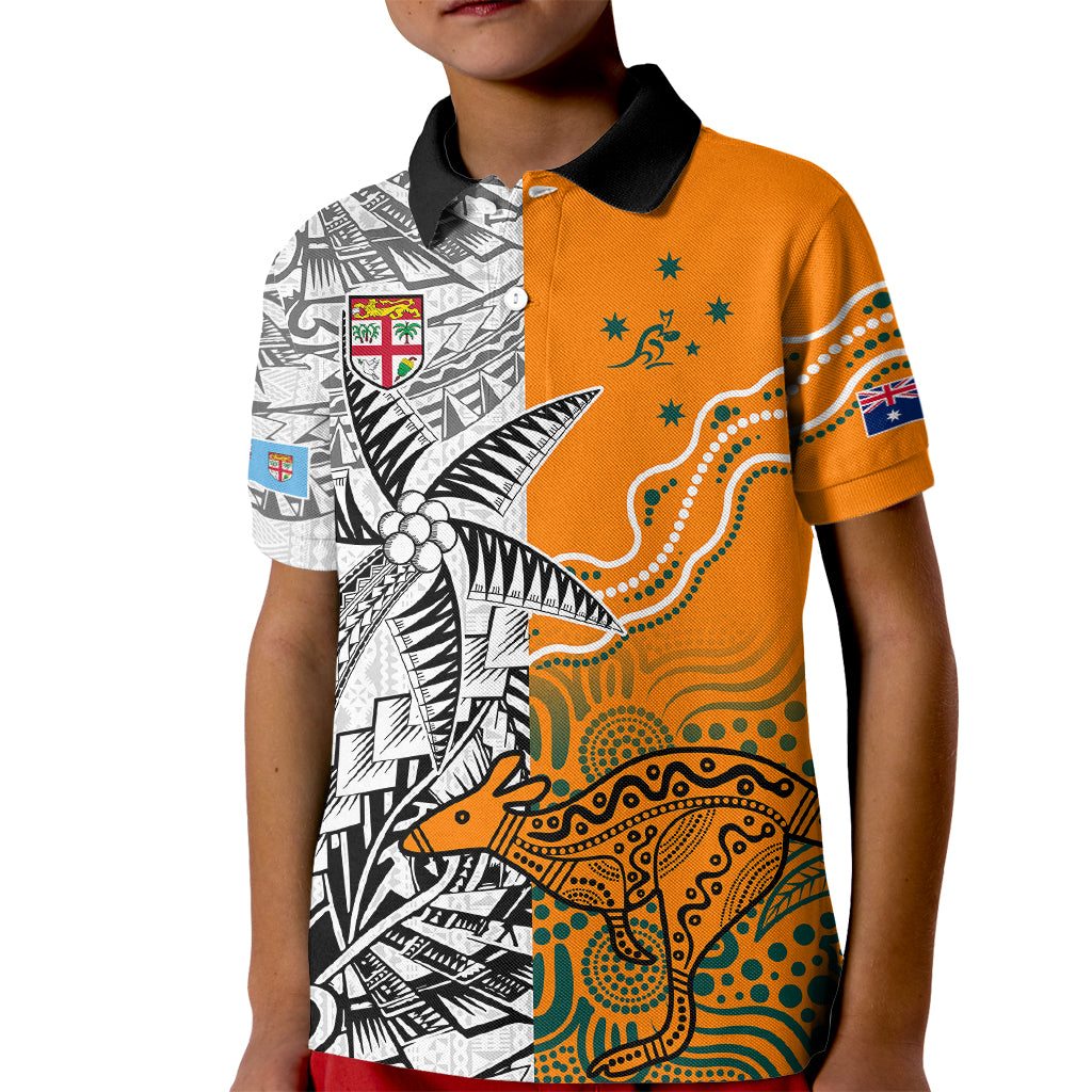 Fiji Australia Rugby Kid Polo Shirt World Cup 2023 Polynesia Tapa Mixed Indigenous Aboriginal LT9 Kid Gold - Polynesian Pride