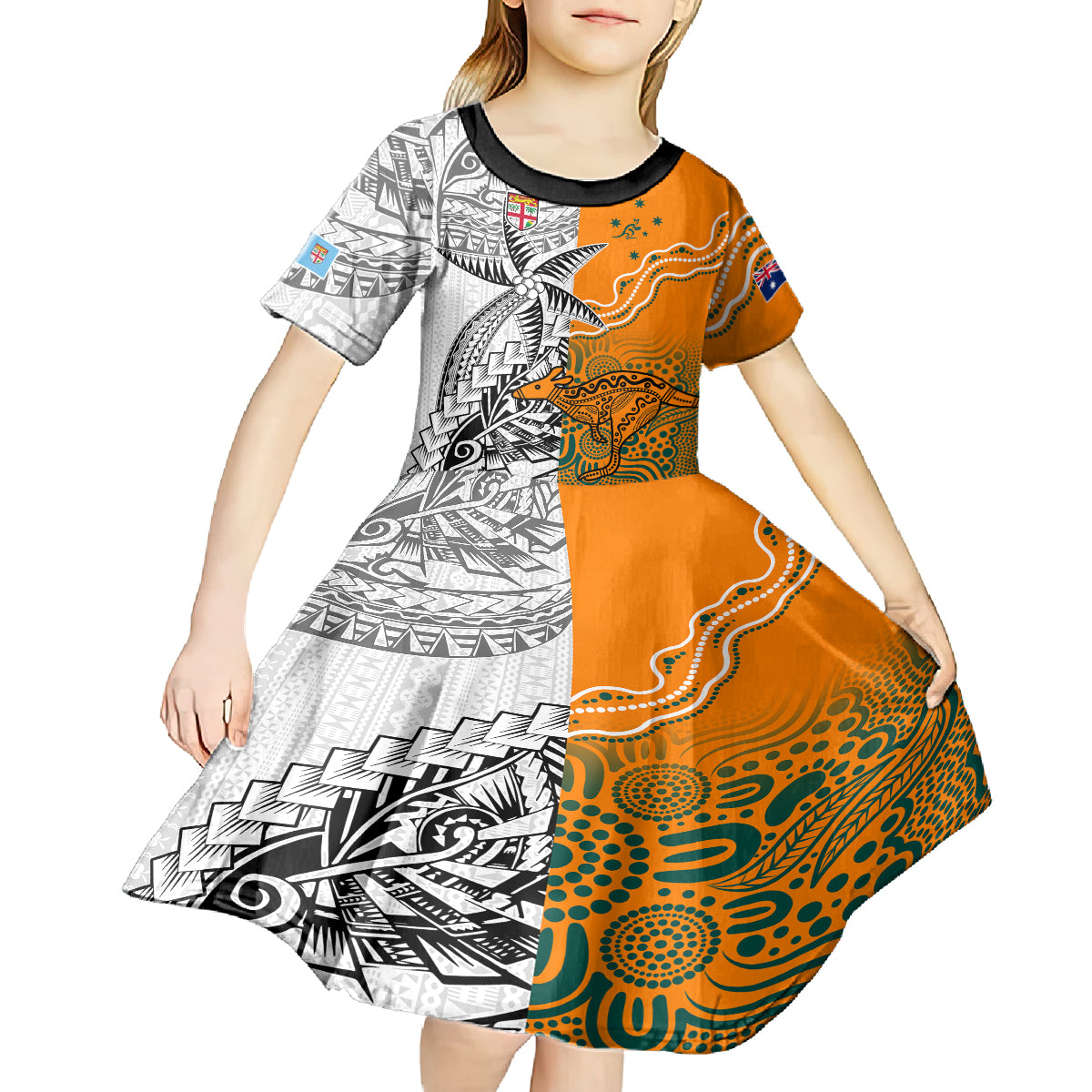 fiji-australia-rugby-kid-short-sleeve-dress-world-cup-2023-polynesia-tapa-mixed-indigenous-aboriginal