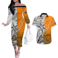 Personalised Fiji Australia Rugby Couples Matching Off The Shoulder Long Sleeve Dress and Hawaiian Shirt World Cup 2023 Polynesia Tapa Mixed Indigenous Aboriginal LT9 Gold - Polynesian Pride