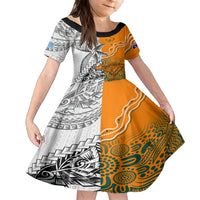 Personalised Fiji Australia Rugby Family Matching Long Sleeve Bodycon Dress and Hawaiian Shirt World Cup 2023 Polynesia Tapa Mixed Indigenous Aboriginal LT9 Daughter's Dress Gold - Polynesian Pride