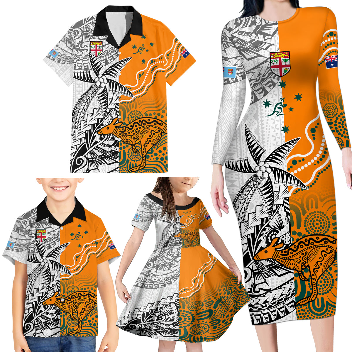 Personalised Fiji Australia Rugby Family Matching Long Sleeve Bodycon Dress and Hawaiian Shirt World Cup 2023 Polynesia Tapa Mixed Indigenous Aboriginal LT9 - Polynesian Pride
