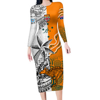 Personalised Fiji Australia Rugby Family Matching Long Sleeve Bodycon Dress and Hawaiian Shirt World Cup 2023 Polynesia Tapa Mixed Indigenous Aboriginal LT9 Mom's Dress Gold - Polynesian Pride