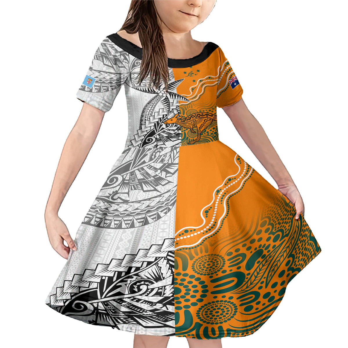 Personalised Fiji Australia Rugby Family Matching Mermaid Dress and Hawaiian Shirt World Cup 2023 Polynesia Tapa Mixed Indigenous Aboriginal LT9 Daughter's Dress Gold - Polynesian Pride