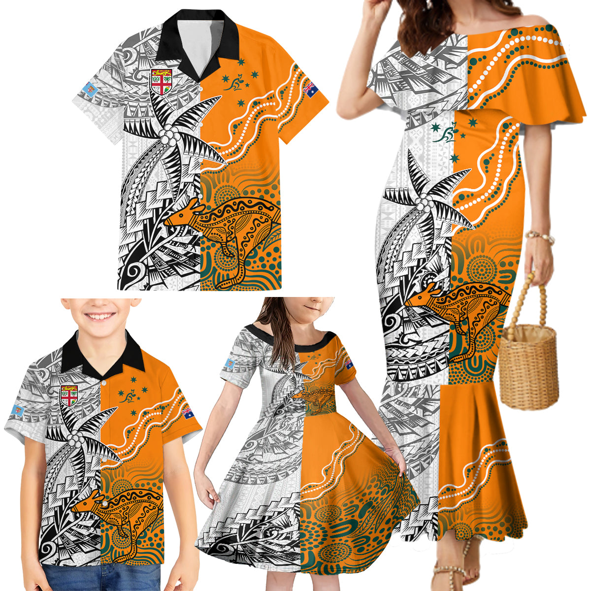 Personalised Fiji Australia Rugby Family Matching Mermaid Dress and Hawaiian Shirt World Cup 2023 Polynesia Tapa Mixed Indigenous Aboriginal LT9 - Polynesian Pride