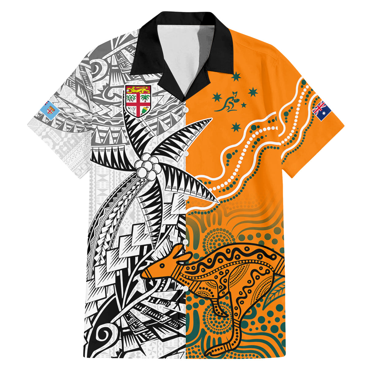 Personalised Fiji Australia Rugby Family Matching Mermaid Dress and Hawaiian Shirt World Cup 2023 Polynesia Tapa Mixed Indigenous Aboriginal LT9 Dad's Shirt - Short Sleeve Gold - Polynesian Pride