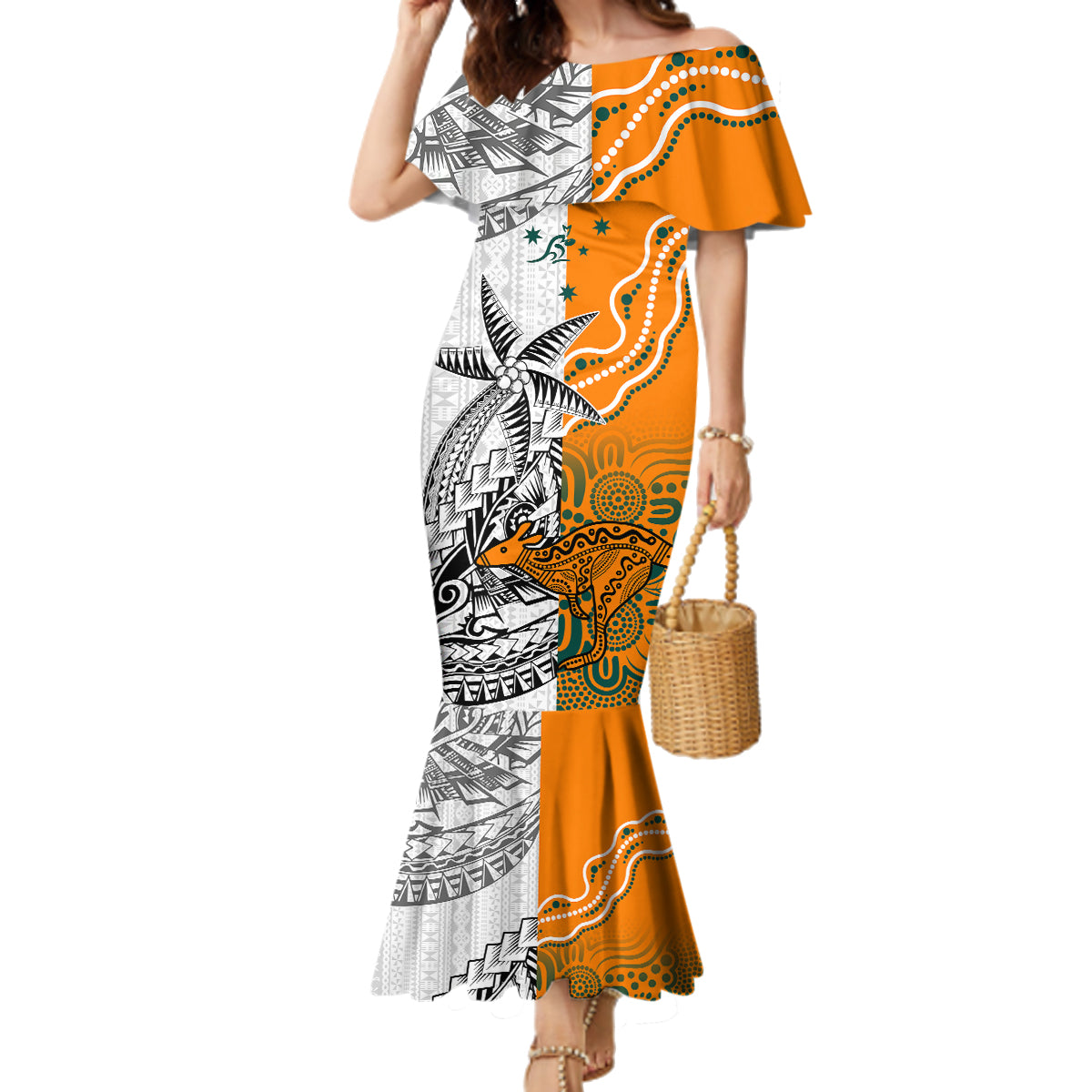 Personalised Fiji Australia Rugby Family Matching Mermaid Dress and Hawaiian Shirt World Cup 2023 Polynesia Tapa Mixed Indigenous Aboriginal LT9 Mom's Dress Gold - Polynesian Pride
