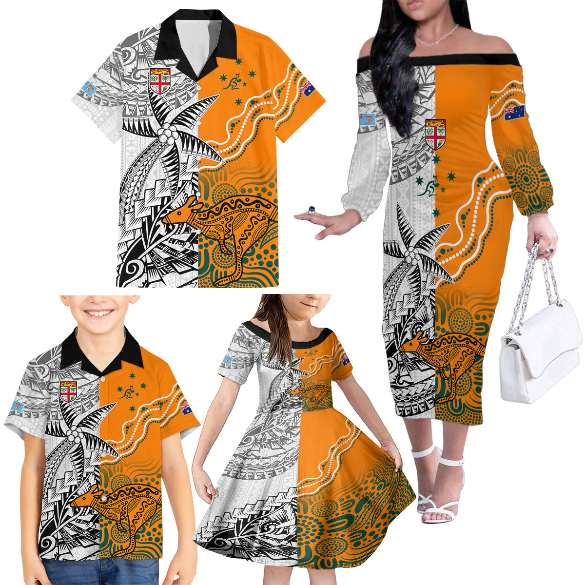 Personalised Fiji Australia Rugby Family Matching Off Shoulder Long Sleeve Dress and Hawaiian Shirt World Cup 2023 Polynesia Tapa Mixed Indigenous Aboriginal LT9 - Polynesian Pride
