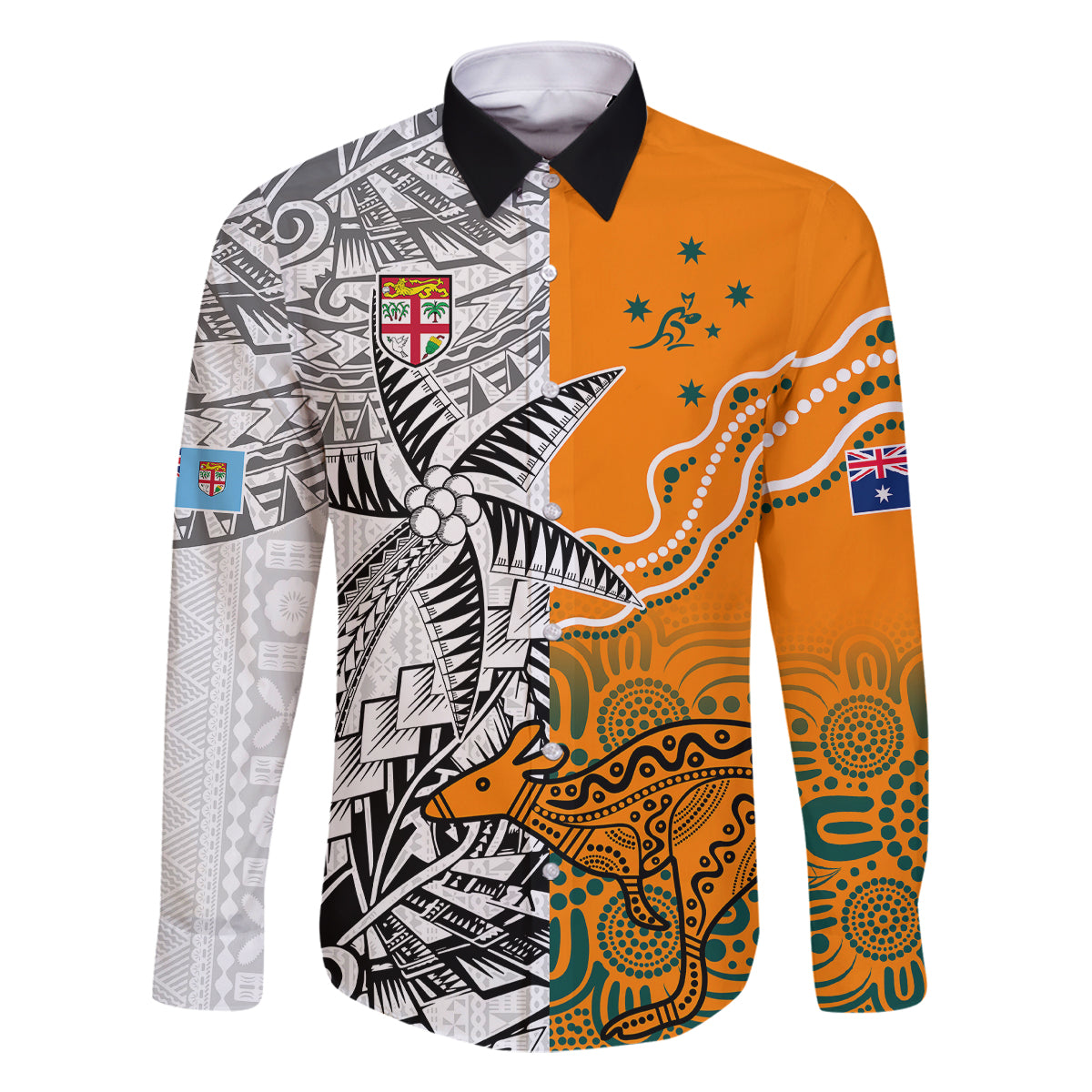 Personalised Fiji Australia Rugby Family Matching Off Shoulder Maxi Dress and Hawaiian Shirt World Cup 2023 Polynesia Tapa Mixed Indigenous Aboriginal LT9 Dad's Shirt - Long Sleeve Gold - Polynesian Pride