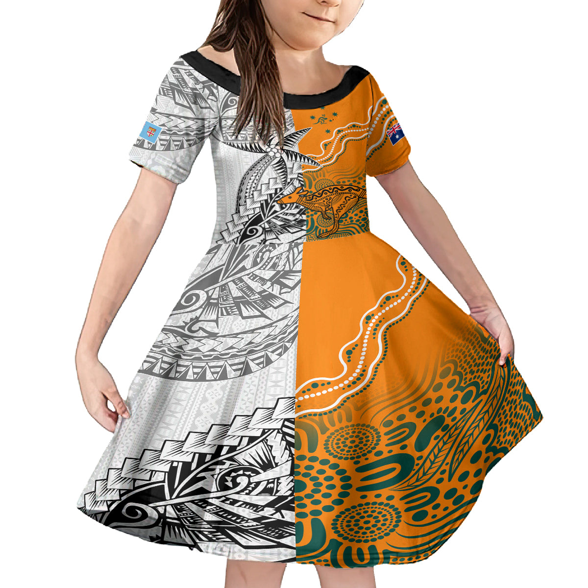 Personalised Fiji Australia Rugby Family Matching Off Shoulder Short Dress and Hawaiian Shirt World Cup 2023 Polynesia Tapa Mixed Indigenous Aboriginal LT9 Daughter's Dress Gold - Polynesian Pride
