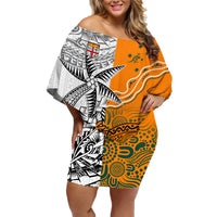 Personalised Fiji Australia Rugby Family Matching Off Shoulder Short Dress and Hawaiian Shirt World Cup 2023 Polynesia Tapa Mixed Indigenous Aboriginal LT9 Mom's Dress Gold - Polynesian Pride