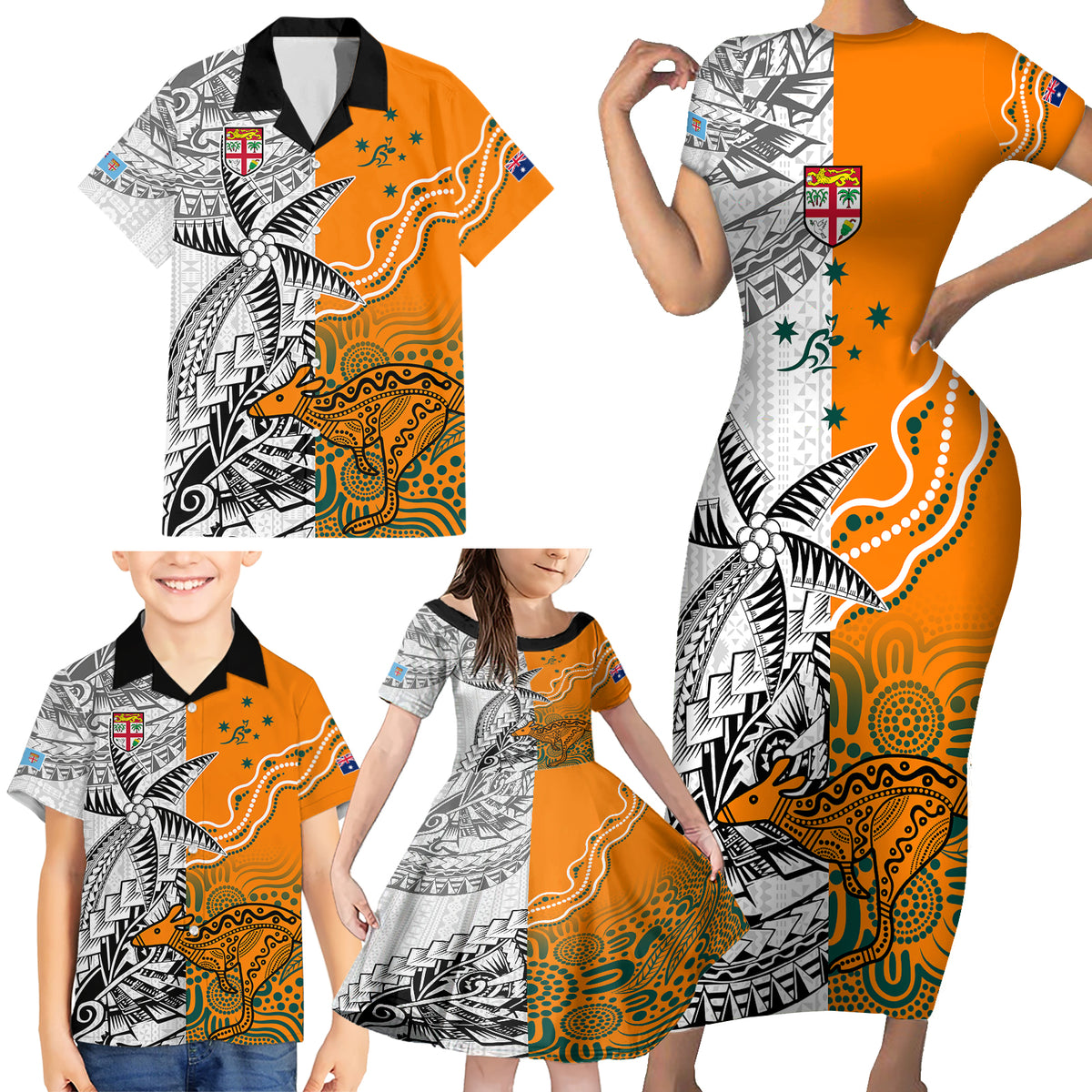 Personalised Fiji Australia Rugby Family Matching Short Sleeve Bodycon Dress and Hawaiian Shirt World Cup 2023 Polynesia Tapa Mixed Indigenous Aboriginal LT9 - Polynesian Pride