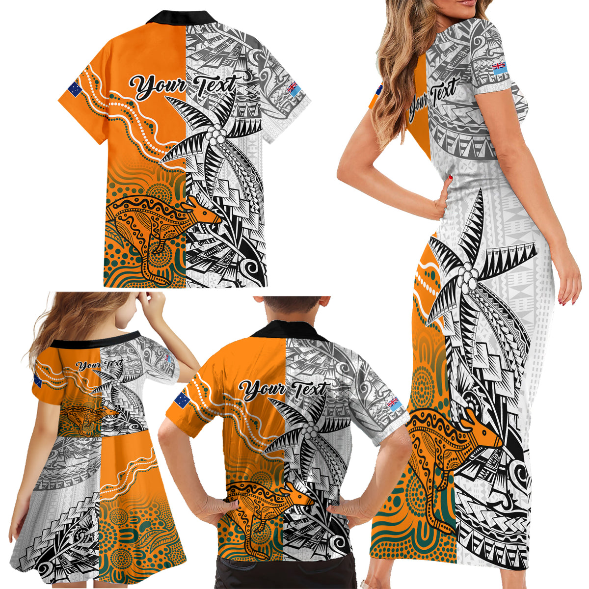 Personalised Fiji Australia Rugby Family Matching Short Sleeve Bodycon Dress and Hawaiian Shirt World Cup 2023 Polynesia Tapa Mixed Indigenous Aboriginal LT9 - Polynesian Pride