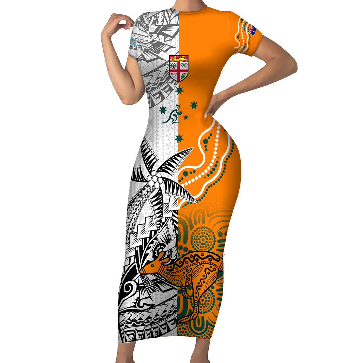 Personalised Fiji Australia Rugby Family Matching Short Sleeve Bodycon Dress and Hawaiian Shirt World Cup 2023 Polynesia Tapa Mixed Indigenous Aboriginal LT9 Mom's Dress Gold - Polynesian Pride