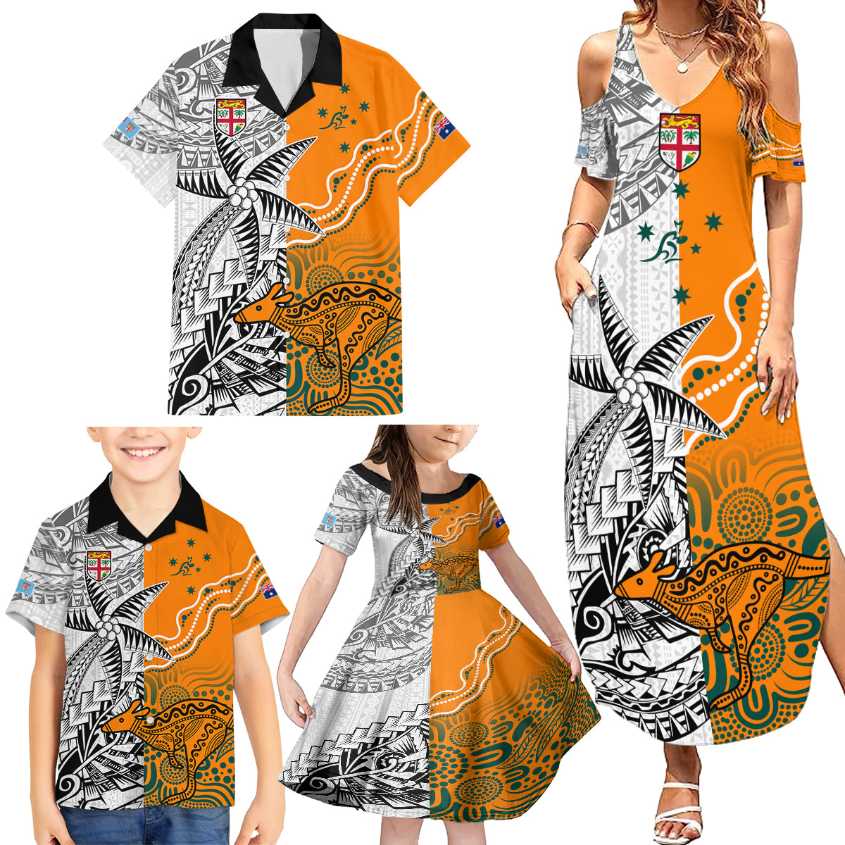 Personalised Fiji Australia Rugby Family Matching Summer Maxi Dress and Hawaiian Shirt World Cup 2023 Polynesia Tapa Mixed Indigenous Aboriginal LT9 - Polynesian Pride