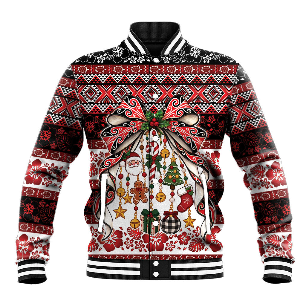 New Zealand Kowhaiwhai Taniko Christmas Bow Baseball Jacket Meri Kirihimete LT9 Unisex Red - Polynesian Pride