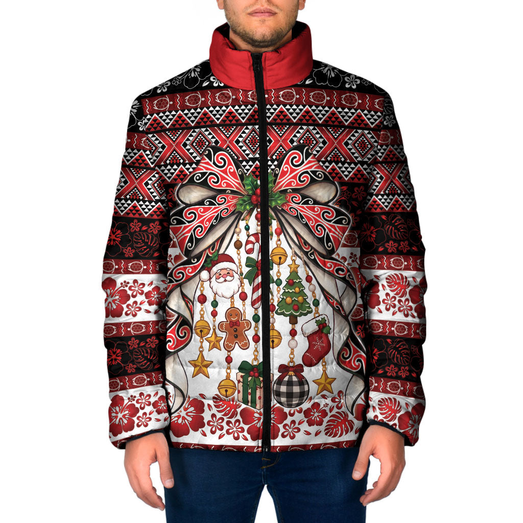 New Zealand Kowhaiwhai Taniko Christmas Bow Padded Jacket Meri Kirihimete LT9 Men Red - Polynesian Pride