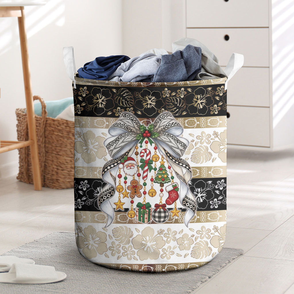 Tonga Ngatu Christmas Bow Laundry Basket Kilisimasi Fiefia Gold Style LT9 Red - Polynesian Pride