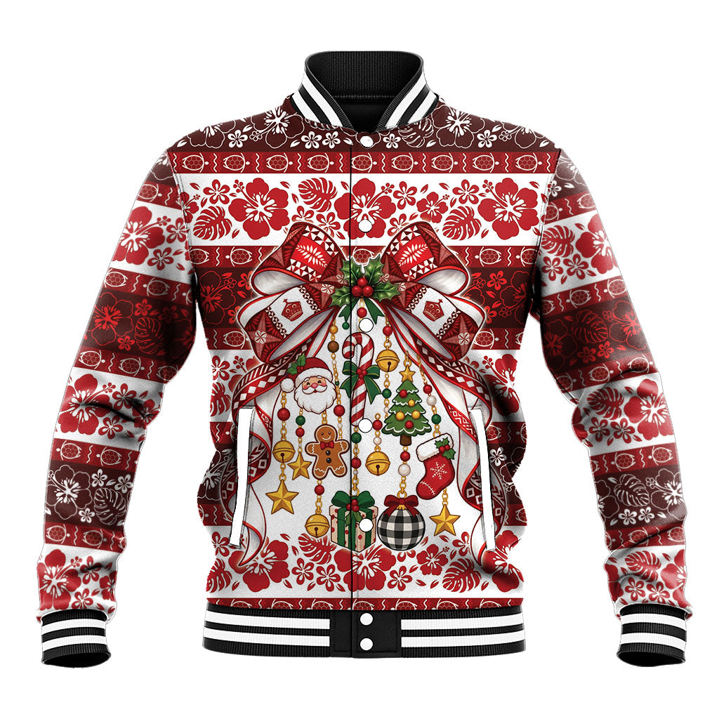 Tonga Ngatu Christmas Bow Baseball Jacket Kilisimasi Fiefia Red Style LT9 Unisex Gold - Polynesian Pride