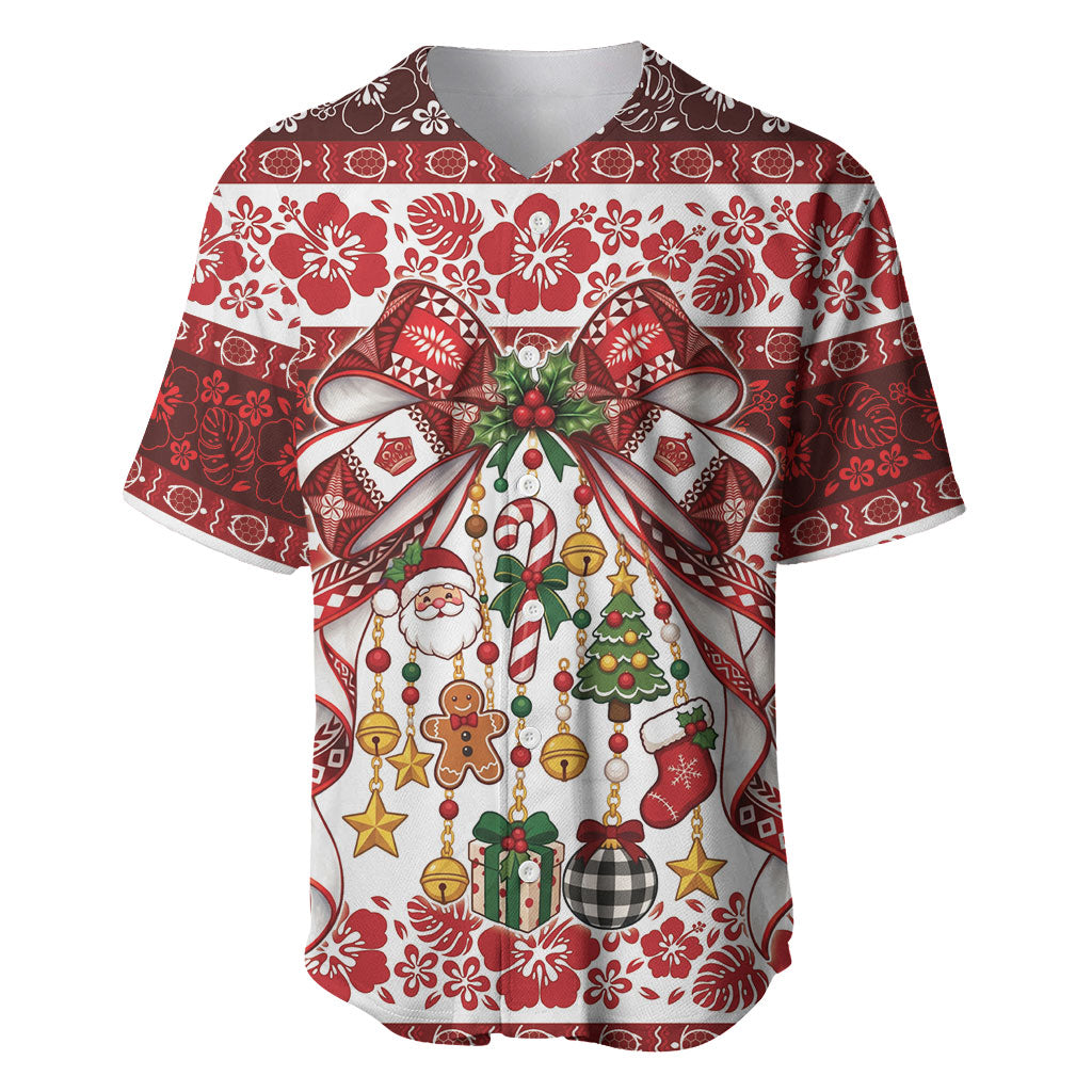 Tonga Ngatu Christmas Bow Baseball Jersey Kilisimasi Fiefia Red Style LT9 Gold - Polynesian Pride