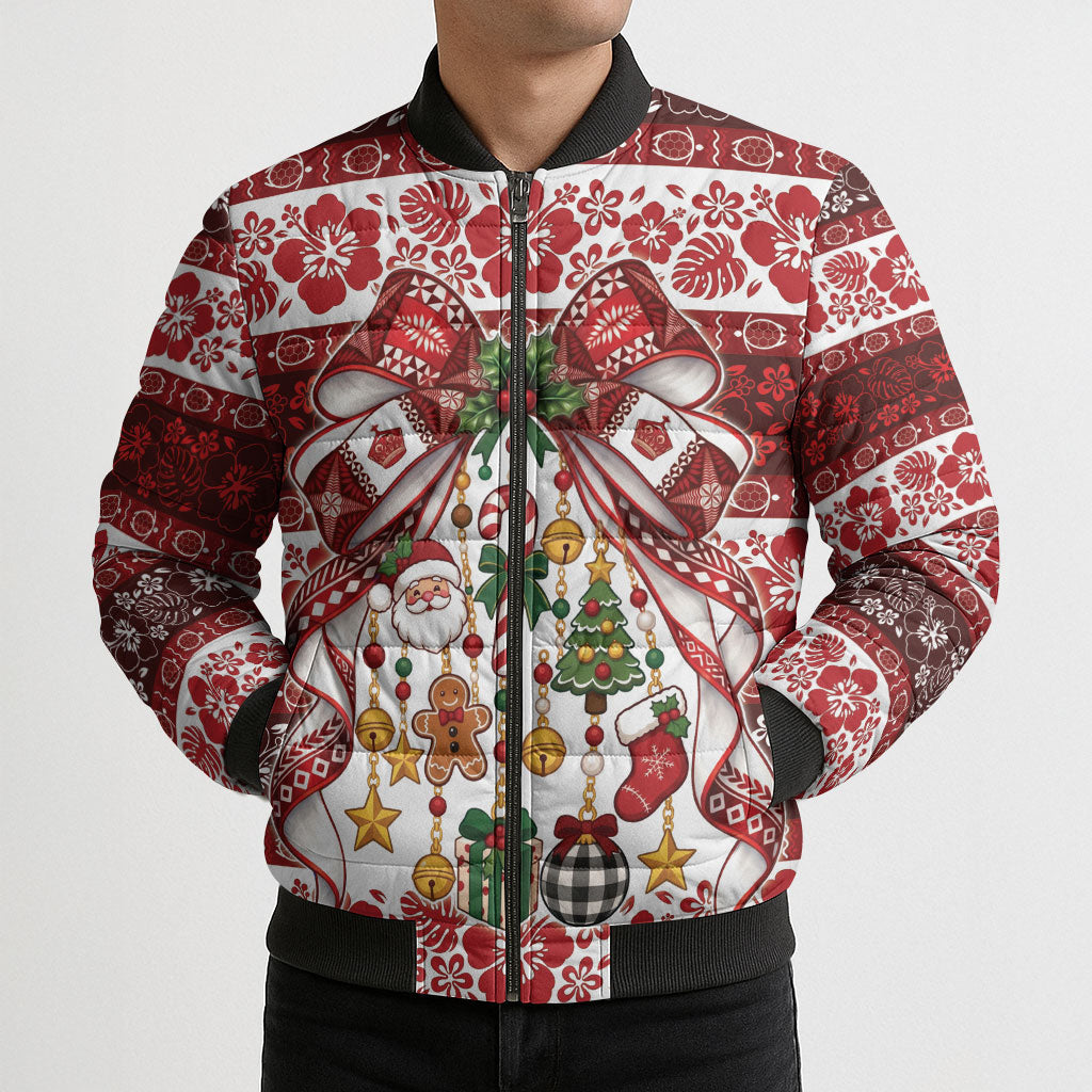 Tonga Ngatu Christmas Bow Bomber Puffer Jacket Kilisimasi Fiefia Red Style LT9 - Polynesian Pride