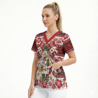 Tonga Ngatu Christmas Bow Scrub Top Kilisimasi Fiefia Red Style LT9 - Polynesian Pride