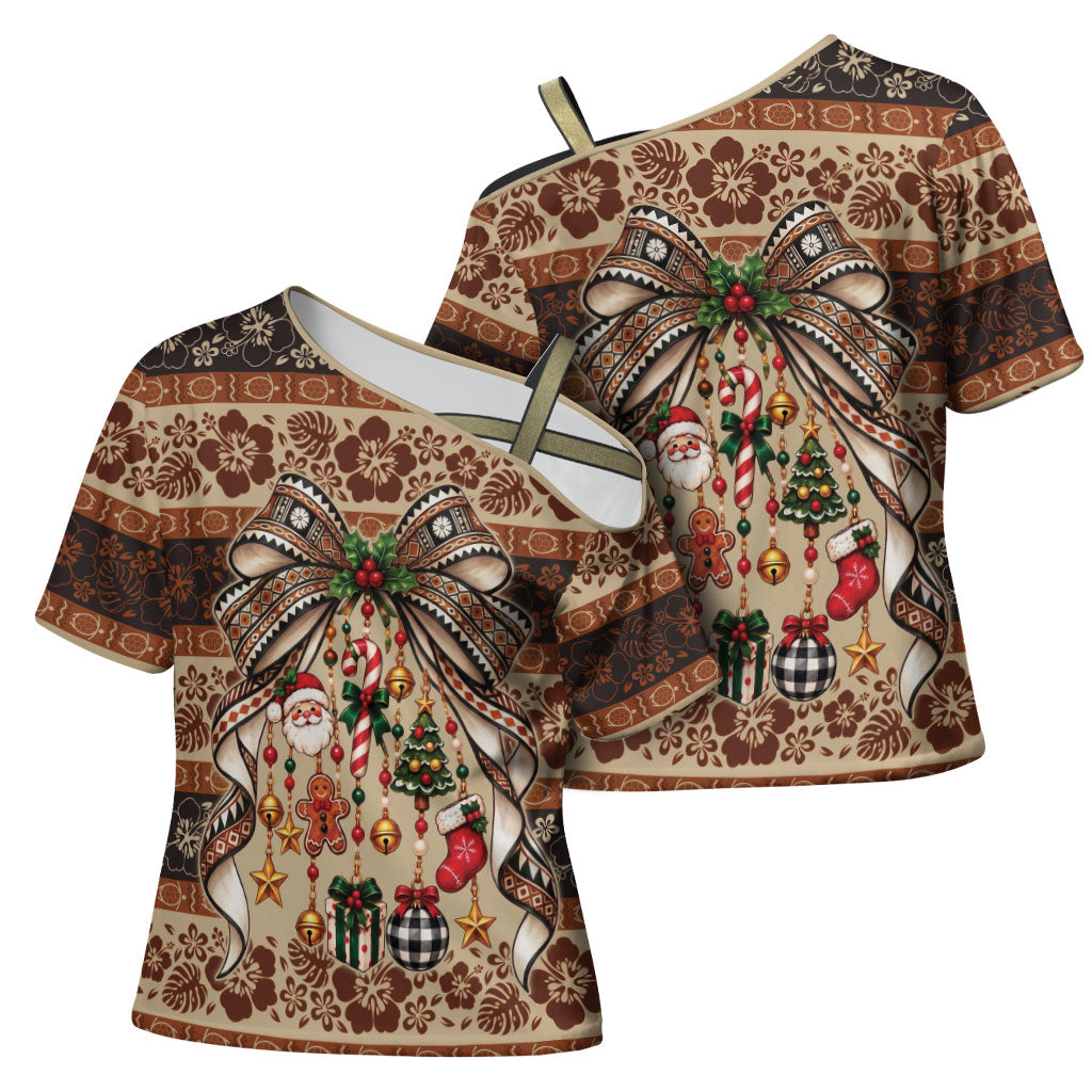 Fiji Masi Christmas Bow Cross Shoulder Shirt Marau na Kerisimasi LT9 - Polynesian Pride