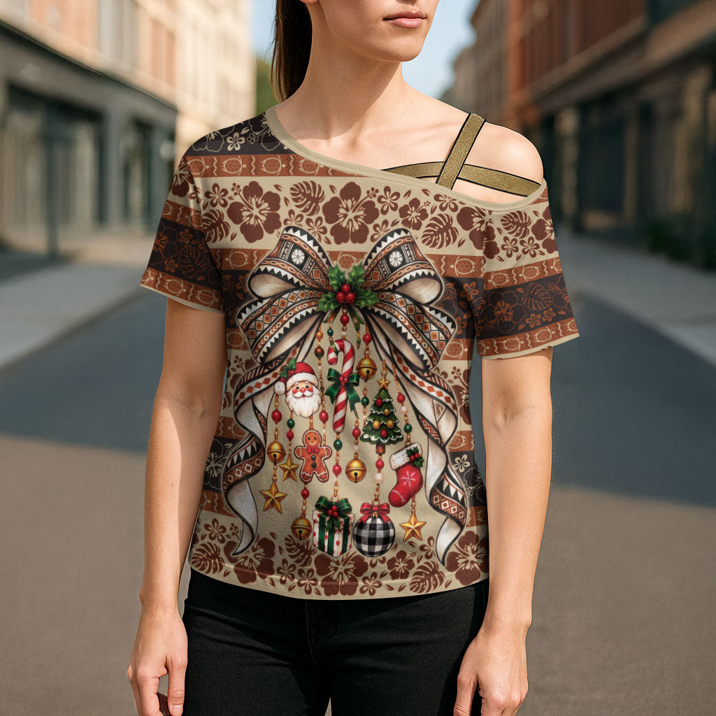 Fiji Masi Christmas Bow Cross Shoulder Shirt Marau na Kerisimasi LT9 - Polynesian Pride