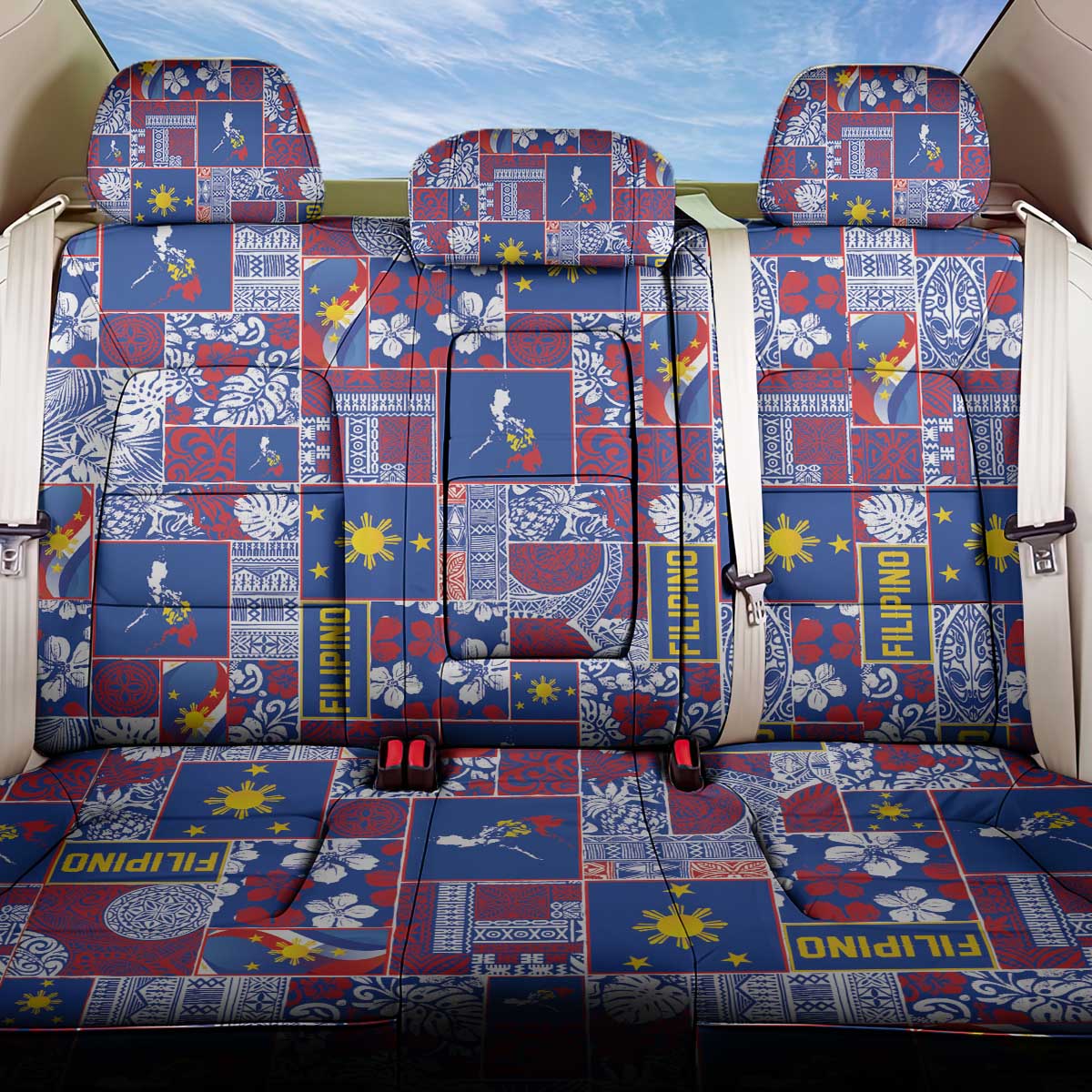 Filipino Maligayang Pasko Back Car Seat Cover Pacific Patchwork Xmas Vibes LT9 One Size Blue - Polynesian Pride