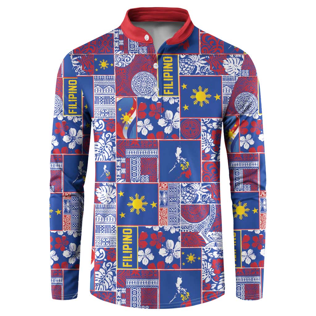Filipino Maligayang Pasko Button Sweatshirt Pacific Patchwork Xmas Vibes LT9 Blue - Polynesian Pride