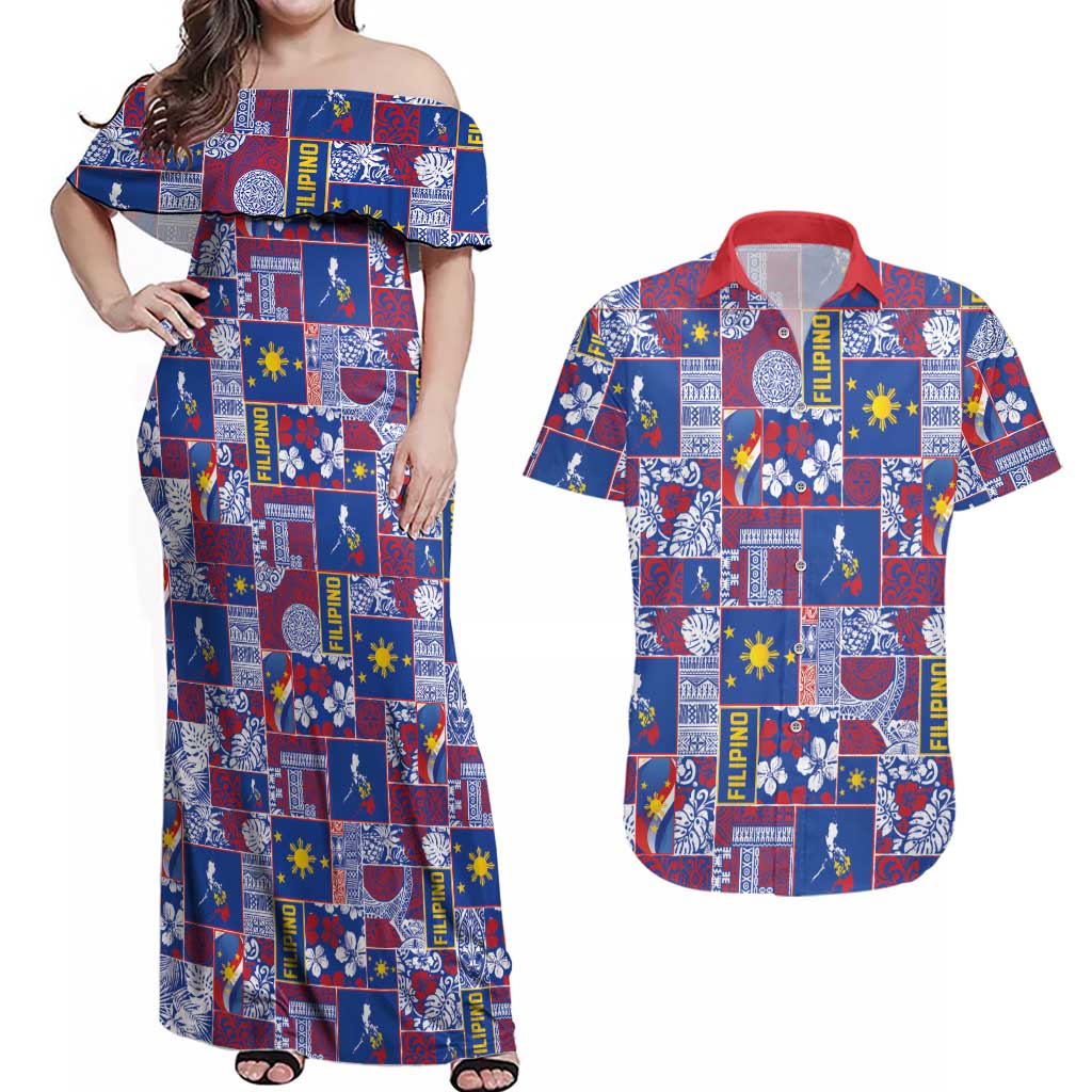 Filipino Maligayang Pasko Couples Matching Off Shoulder Maxi Dress and Hawaiian Shirt Pacific Patchwork Xmas Vibes - Polynesian Pride
